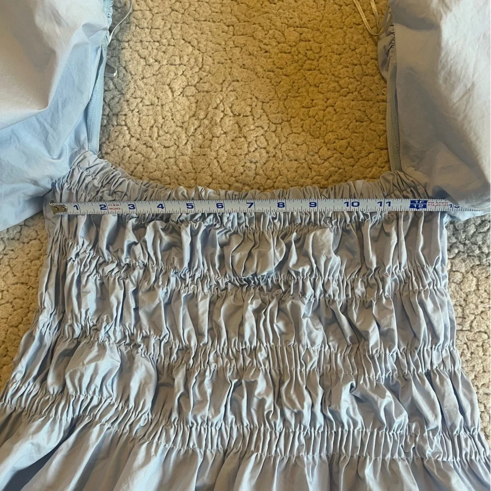 ASTR Light Blue Cinderella Puff Sleeve Smocked Top Medium